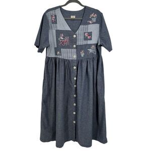 Bechamel Vintage Embroidered Button Front Chambray Dress Blue Size Small